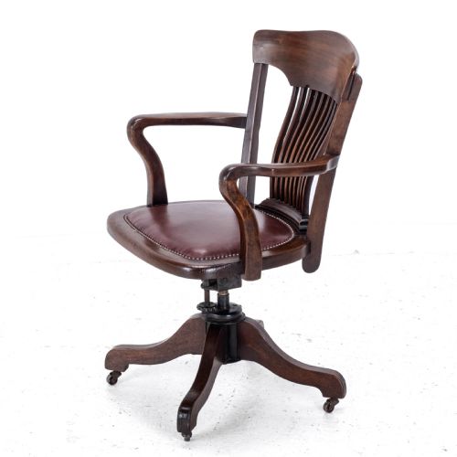 C1920S MAHOGANY LEATHER UPHOLSTERED SWIVEL ADJUSTABLE DESK ARMCHAIR - ADDITIONAL PHOTO 1