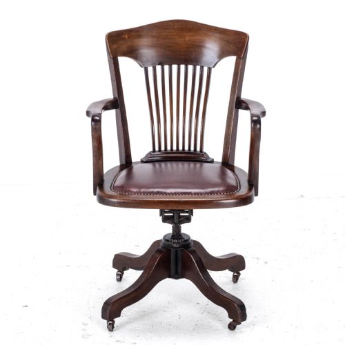 C1920S MAHOGANY LEATHER UPHOLSTERED SWIVEL ADJUSTABLE DESK ARMCHAIR - ADDITIONAL PHOTO 4