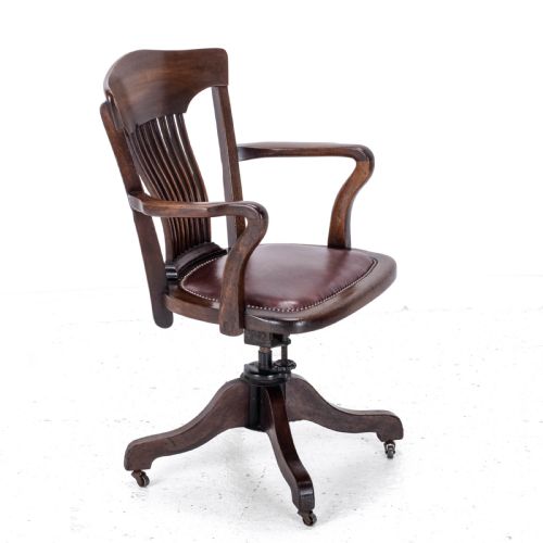 C1920S MAHOGANY LEATHER UPHOLSTERED SWIVEL ADJUSTABLE DESK ARMCHAIR - ADDITIONAL PHOTO 6