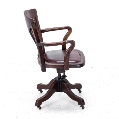 C1920S MAHOGANY LEATHER UPHOLSTERED SWIVEL ADJUSTABLE DESK ARMCHAIR - ADDITIONAL PHOTO 7