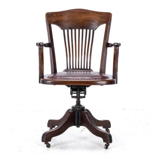 C1920S MAHOGANY LEATHER UPHOLSTERED SWIVEL ADJUSTABLE DESK ARMCHAIR - ADDITIONAL PHOTO 12