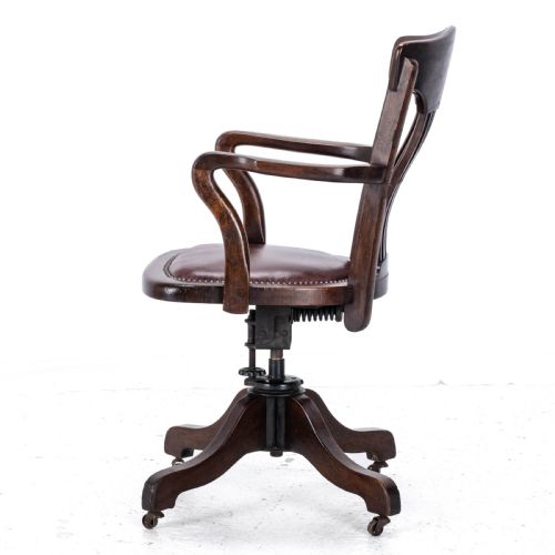 C1920S MAHOGANY LEATHER UPHOLSTERED SWIVEL ADJUSTABLE DESK ARMCHAIR - ADDITIONAL PHOTO 13