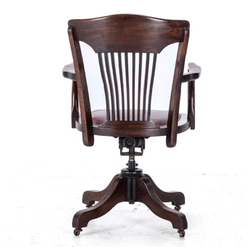 C1920S MAHOGANY LEATHER UPHOLSTERED SWIVEL ADJUSTABLE DESK ARMCHAIR - ADDITIONAL PHOTO 14