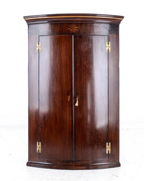 c18th georgian mahogany inlaid bow front corner cabinet wall mounted george iii - CATEGORY: ANTIQUE CUPBOARDS - DATED 18TH CENTURY