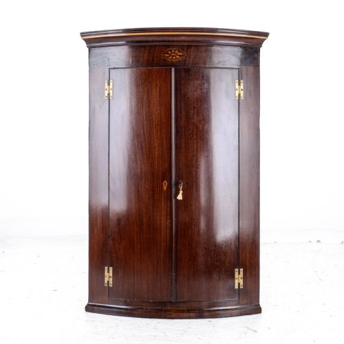 C18TH GEORGIAN MAHOGANY INLAID BOW FRONT CORNER CABINET WALL MOUNTED GEORGE III - ADDITIONAL PHOTO 1