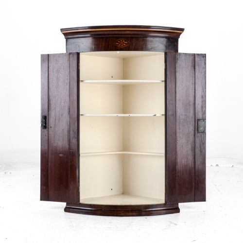 C18TH GEORGIAN MAHOGANY INLAID BOW FRONT CORNER CABINET WALL MOUNTED GEORGE III - ADDITIONAL PHOTO 2