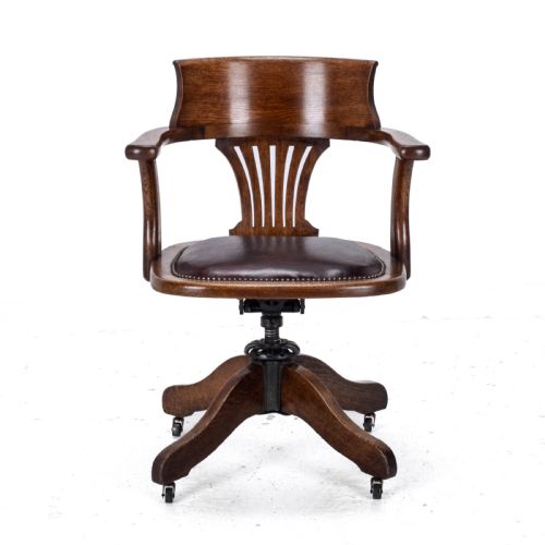 C1920S OAK LEATHER UPHOLSTERED SWIVEL ADJUSTABLE DESK ARMCHAIR - ADDITIONAL PHOTO 1