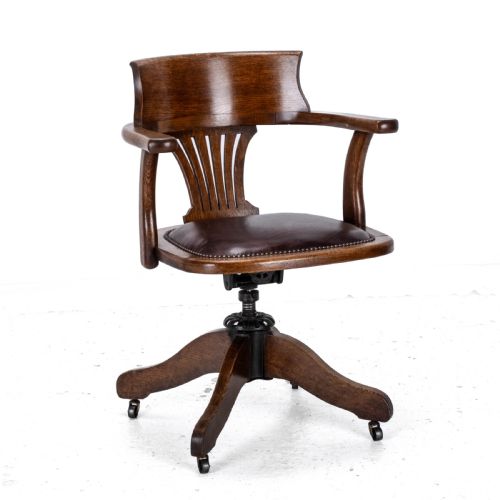 C1920S OAK LEATHER UPHOLSTERED SWIVEL ADJUSTABLE DESK ARMCHAIR - ADDITIONAL PHOTO 4