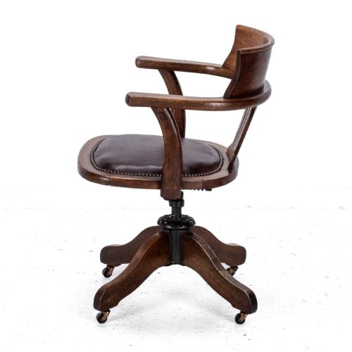 C1920S OAK LEATHER UPHOLSTERED SWIVEL ADJUSTABLE DESK ARMCHAIR - ADDITIONAL PHOTO 8