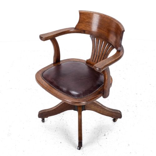 C1920S OAK LEATHER UPHOLSTERED SWIVEL ADJUSTABLE DESK ARMCHAIR - ADDITIONAL PHOTO 9