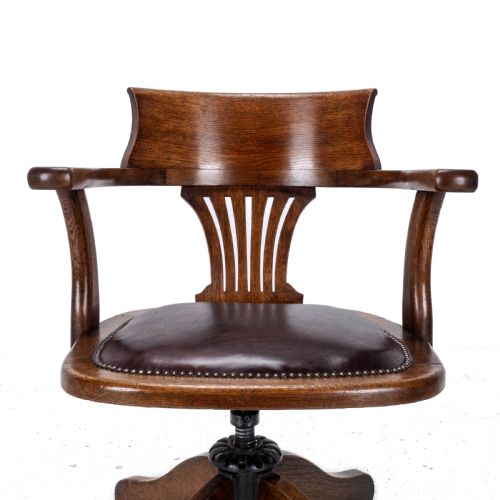 C1920S OAK LEATHER UPHOLSTERED SWIVEL ADJUSTABLE DESK ARMCHAIR - ADDITIONAL PHOTO 14