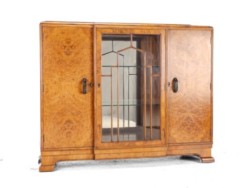 ART DECO C1920 BURR WALNUT DISPLAY CABINET SIDEBOARD BY LEEMINGS OF HALIFAX - ADDITIONAL PHOTO 12