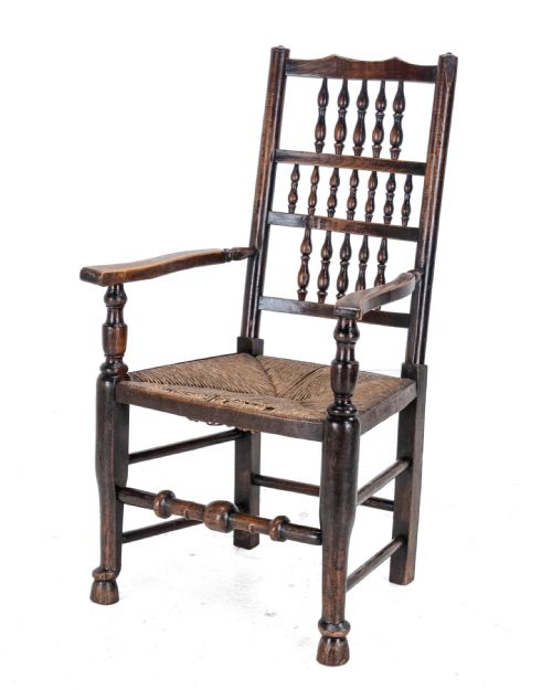 MID C19TH ELM ASH LANCASHIRE RUSH SEAT COUNTRY ELBOW CHAIR CARVER ARMCHAIR