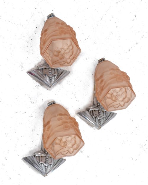 french art deco set of 3 frosted glass shades ros wall light sconces c1930 - CATEGORY: ANTIQUE SILVER - DATED 1930