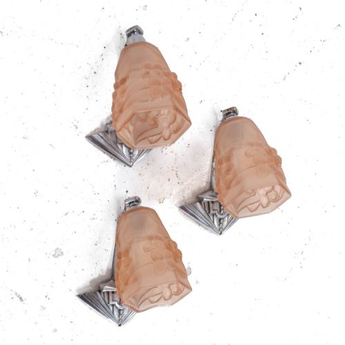 FRENCH ART DECO SET OF 3 FROSTED GLASS SHADES ROS WALL LIGHT SCONCES C1930 - ADDITIONAL PHOTO 3