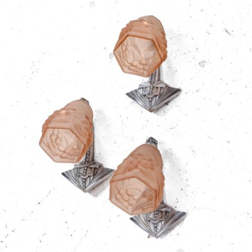 FRENCH ART DECO SET OF 3 FROSTED GLASS SHADES ROS WALL LIGHT SCONCES C1930 - ADDITIONAL PHOTO 4
