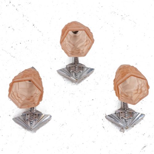FRENCH ART DECO SET OF 3 FROSTED GLASS SHADES ROS WALL LIGHT SCONCES C1930 - ADDITIONAL PHOTO 6
