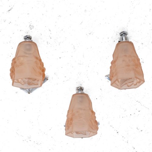 FRENCH ART DECO SET OF 3 FROSTED GLASS SHADES ROS WALL LIGHT SCONCES C1930 - ADDITIONAL PHOTO 7