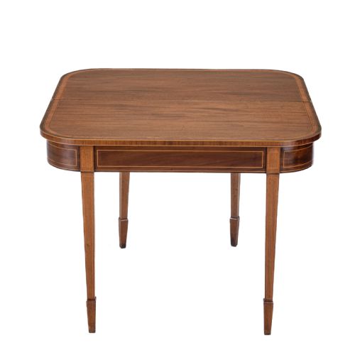 GEORGIAN SATINWOOD ROSEWOOD CROSSBANDED MAHOGANY CONSOLE FOLDOVER TEA TABLE WITH EBONY BOXWOOD STRUNG INLAID BORDERS CIRCA 1800 REGENCY GEORGE III - ADDITIONAL PHOTO 1