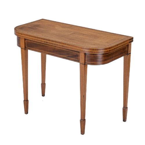 GEORGIAN SATINWOOD ROSEWOOD CROSSBANDED MAHOGANY CONSOLE FOLDOVER TEA TABLE WITH EBONY BOXWOOD STRUNG INLAID BORDERS CIRCA 1800 REGENCY GEORGE III - ADDITIONAL PHOTO 2