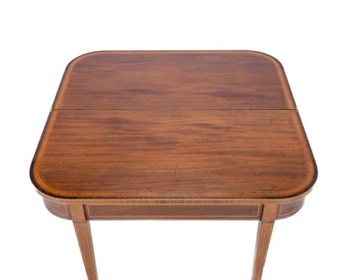 GEORGIAN SATINWOOD ROSEWOOD CROSSBANDED MAHOGANY CONSOLE FOLDOVER TEA TABLE WITH EBONY BOXWOOD STRUNG INLAID BORDERS CIRCA 1800 REGENCY GEORGE III - ADDITIONAL PHOTO 4