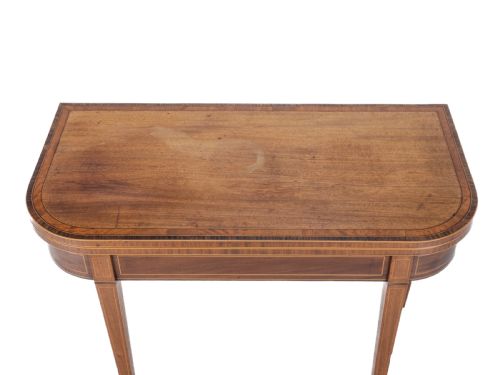 GEORGIAN SATINWOOD ROSEWOOD CROSSBANDED MAHOGANY CONSOLE FOLDOVER TEA TABLE WITH EBONY BOXWOOD STRUNG INLAID BORDERS CIRCA 1800 REGENCY GEORGE III - ADDITIONAL PHOTO 6