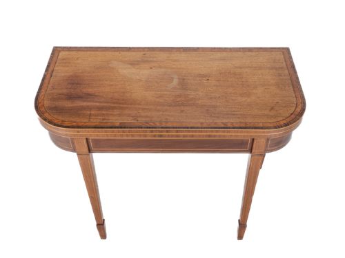 GEORGIAN SATINWOOD ROSEWOOD CROSSBANDED MAHOGANY CONSOLE FOLDOVER TEA TABLE WITH EBONY BOXWOOD STRUNG INLAID BORDERS CIRCA 1800 REGENCY GEORGE III - ADDITIONAL PHOTO 8