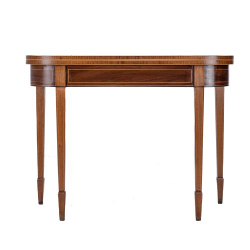 GEORGIAN SATINWOOD ROSEWOOD CROSSBANDED MAHOGANY CONSOLE FOLDOVER TEA TABLE WITH EBONY BOXWOOD STRUNG INLAID BORDERS CIRCA 1800 REGENCY GEORGE III - ADDITIONAL PHOTO 9