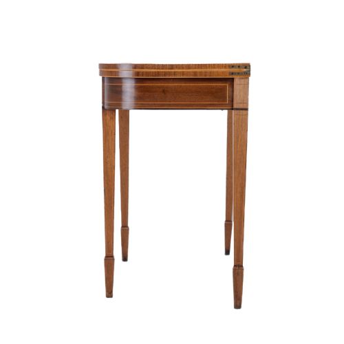 GEORGIAN SATINWOOD ROSEWOOD CROSSBANDED MAHOGANY CONSOLE FOLDOVER TEA TABLE WITH EBONY BOXWOOD STRUNG INLAID BORDERS CIRCA 1800 REGENCY GEORGE III - ADDITIONAL PHOTO 12