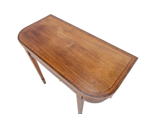 GEORGIAN SATINWOOD ROSEWOOD CROSSBANDED MAHOGANY CONSOLE FOLDOVER TEA TABLE WITH EBONY BOXWOOD STRUNG INLAID BORDERS CIRCA 1800 REGENCY GEORGE III - ADDITIONAL PHOTO 20