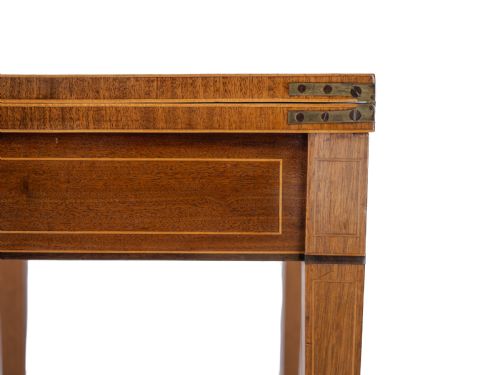 GEORGIAN SATINWOOD ROSEWOOD CROSSBANDED MAHOGANY CONSOLE FOLDOVER TEA TABLE WITH EBONY BOXWOOD STRUNG INLAID BORDERS CIRCA 1800 REGENCY GEORGE III - ADDITIONAL PHOTO 22