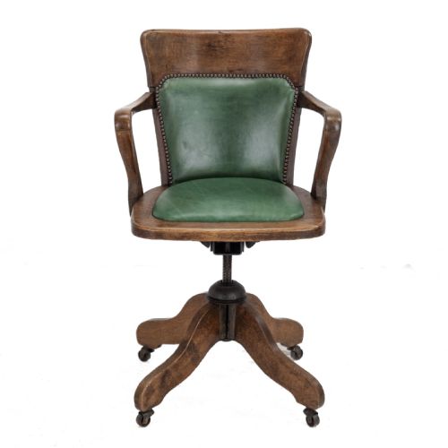 1920S OAK AND LEATHER ADJUSTABLE SWIVEL TILTING DESK ARMCHAIR ANTIQUE CHAIR - ADDITIONAL PHOTO 1