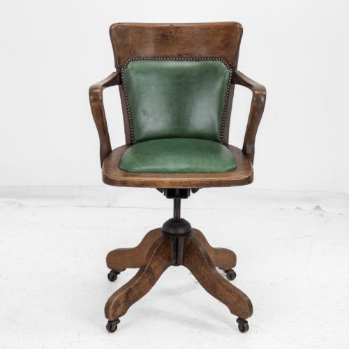 1920S OAK AND LEATHER ADJUSTABLE SWIVEL TILTING DESK ARMCHAIR ANTIQUE CHAIR - ADDITIONAL PHOTO 2