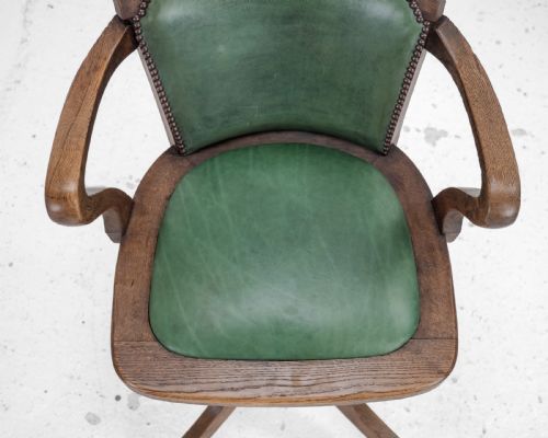 1920S OAK AND LEATHER ADJUSTABLE SWIVEL TILTING DESK ARMCHAIR ANTIQUE CHAIR - ADDITIONAL PHOTO 9