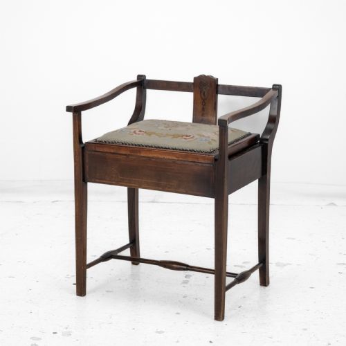 MAHOGANY INLAID TAPESTRY SEAT PIANO MUSIC STORAGE STOOL EDWARDIAN EARLY 20TH CENTURY - ADDITIONAL PHOTO 1