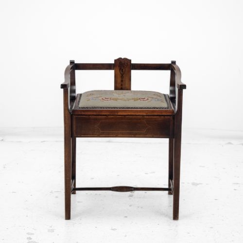 MAHOGANY INLAID TAPESTRY SEAT PIANO MUSIC STORAGE STOOL EDWARDIAN EARLY 20TH CENTURY - ADDITIONAL PHOTO 2