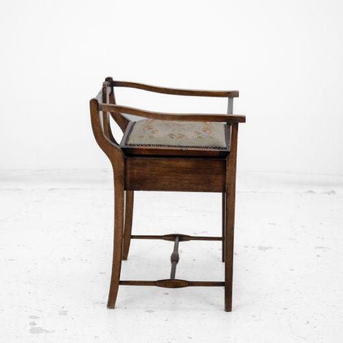 MAHOGANY INLAID TAPESTRY SEAT PIANO MUSIC STORAGE STOOL EDWARDIAN EARLY 20TH CENTURY - ADDITIONAL PHOTO 4