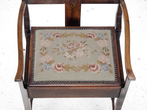 MAHOGANY INLAID TAPESTRY SEAT PIANO MUSIC STORAGE STOOL EDWARDIAN EARLY 20TH CENTURY - ADDITIONAL PHOTO 8