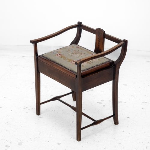 MAHOGANY INLAID TAPESTRY SEAT PIANO MUSIC STORAGE STOOL EDWARDIAN EARLY 20TH CENTURY - ADDITIONAL PHOTO 16