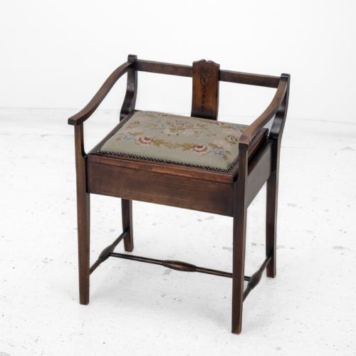 MAHOGANY INLAID TAPESTRY SEAT PIANO MUSIC STORAGE STOOL EDWARDIAN EARLY 20TH CENTURY - ADDITIONAL PHOTO 17