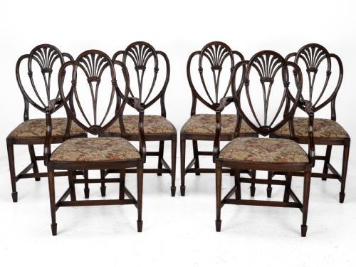 HEPPLEWHITE STYLE SET OF 6 MAHOGANY DINING CHAIRS AND CARVER ARMCHAIR TAPESTRY UPHOLSTERY LATE 19TH CENTURY VICTORIAN - ADDITIONAL PHOTO 7