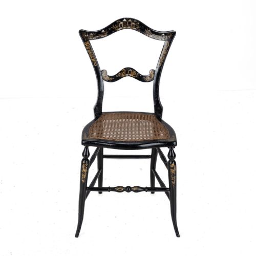 19TH CENTURY EBONISED CHINOISERIE CHAIR WITH CANEWORK SEAT MOTHEROFPEARL INLAY AND PARCEL GILT DECORATION - ADDITIONAL PHOTO 1