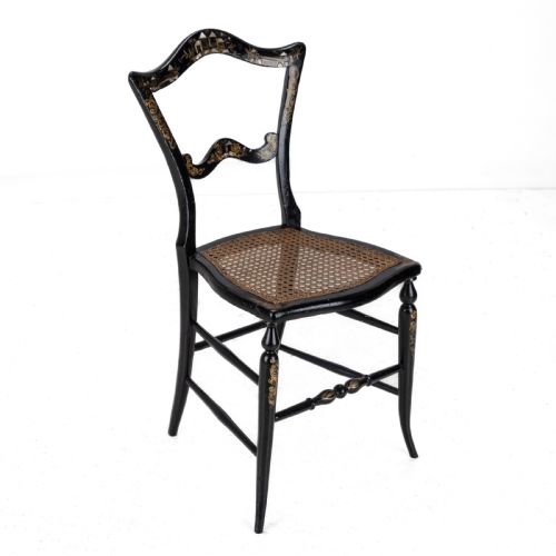 19TH CENTURY EBONISED CHINOISERIE CHAIR WITH CANEWORK SEAT MOTHEROFPEARL INLAY AND PARCEL GILT DECORATION - ADDITIONAL PHOTO 2