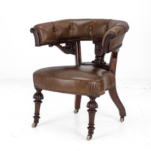 MID 19TH CENTURY MAHOGANY LEATHER UPHOLSTERED LIBRARY TUB ARMCHAIR VICTORIAN CAPTAINS CHAIR CIRCA 1850 COPE COLLINSON CASTORS - ADDITIONAL PHOTO 1