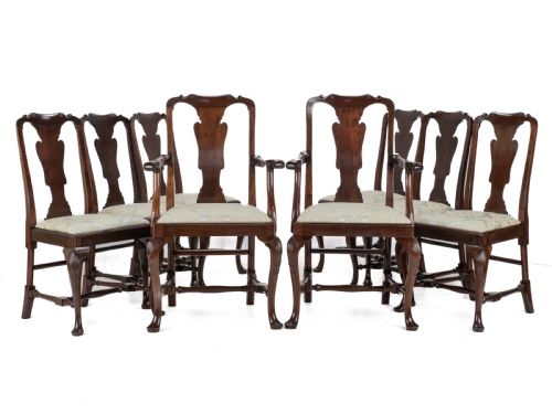 edwardian queen anne style set of 8 carved mahogany dining chairs with carvers by waring gillow circa 1905 georgian george i armchair elbow chairs - CATEGORY: ANTIQUE CHAIRS - DATED EDWARDIAN