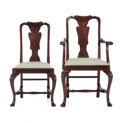 EDWARDIAN QUEEN ANNE STYLE SET OF 8 CARVED MAHOGANY DINING CHAIRS WITH CARVERS BY WARING GILLOW CIRCA 1905 GEORGIAN GEORGE I ARMCHAIR ELBOW CHAIRS - ADDITIONAL PHOTO 1