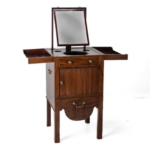 GEORGIAN MAHOGANY AND BOXWOOD INLAID GENTLEMANS WASHSTAND LATE 18TH CENTURY GEORGE III FOLDING TOP MIRROR TAMBOUR CABINET COMMODE - ADDITIONAL PHOTO 2