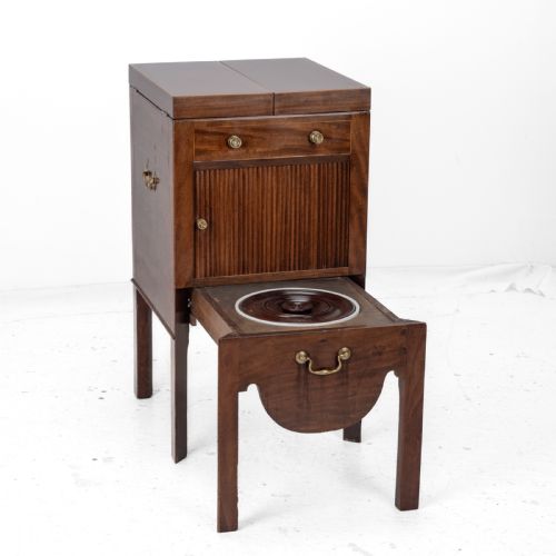 GEORGIAN MAHOGANY AND BOXWOOD INLAID GENTLEMANS WASHSTAND LATE 18TH CENTURY GEORGE III FOLDING TOP MIRROR TAMBOUR CABINET COMMODE - ADDITIONAL PHOTO 3