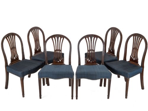 set of 6 mahogany hepplewhite dining chairs c1870 georgian george iii style side chairs horsehair fabric upholstery - CATEGORY: ANTIQUE CHAIRS - DATED 19TH CENTURY