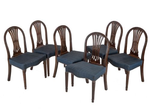 SET OF 6 MAHOGANY HEPPLEWHITE DINING CHAIRS C1870 GEORGIAN GEORGE III STYLE SIDE CHAIRS HORSEHAIR FABRIC UPHOLSTERY - ADDITIONAL PHOTO 1